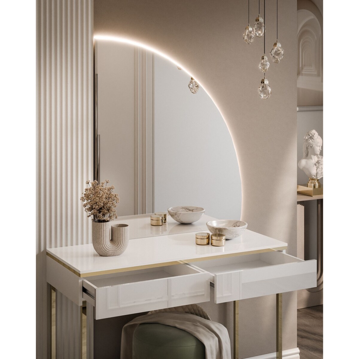 Toaletka AURORA-Q biały połysk na złotym stelażu prawe