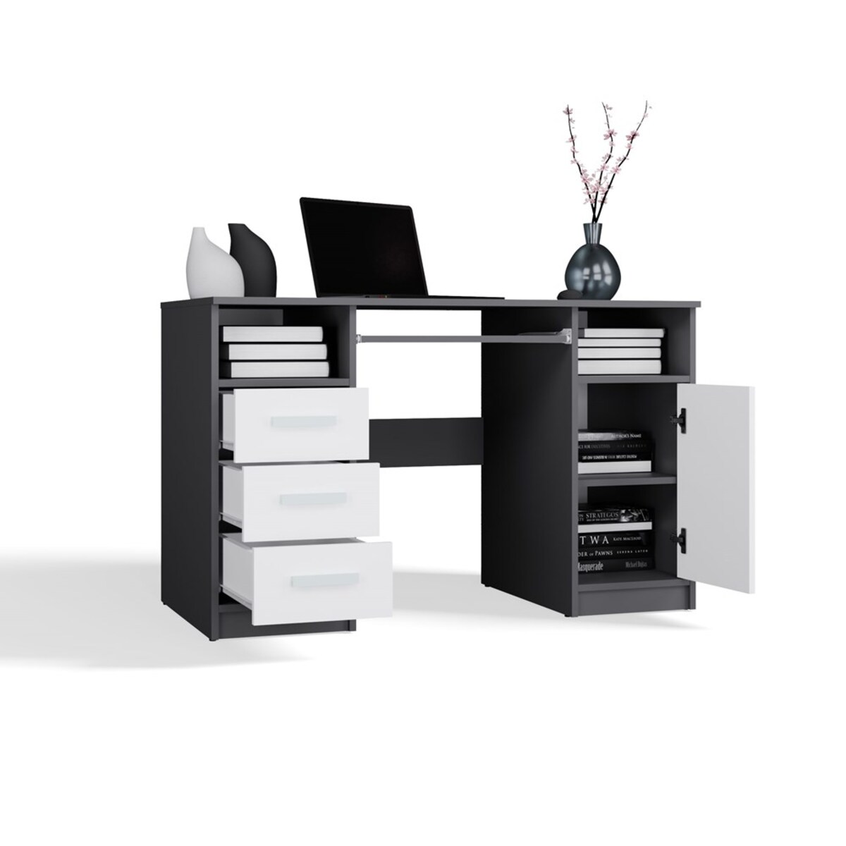 BIURKO DELTA ANTRACYT / BIAŁY 120 Cm 3 Szuflady Szafka Półki Do Biura Pokoju Na Laptop