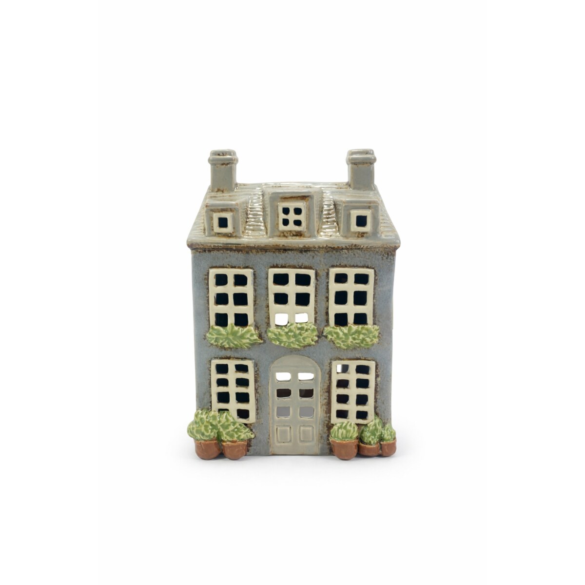 Ceramiczny domek na tea-lighty 19x14x9,5 cm SONAM szary, dwa kominy i 3 lukarny