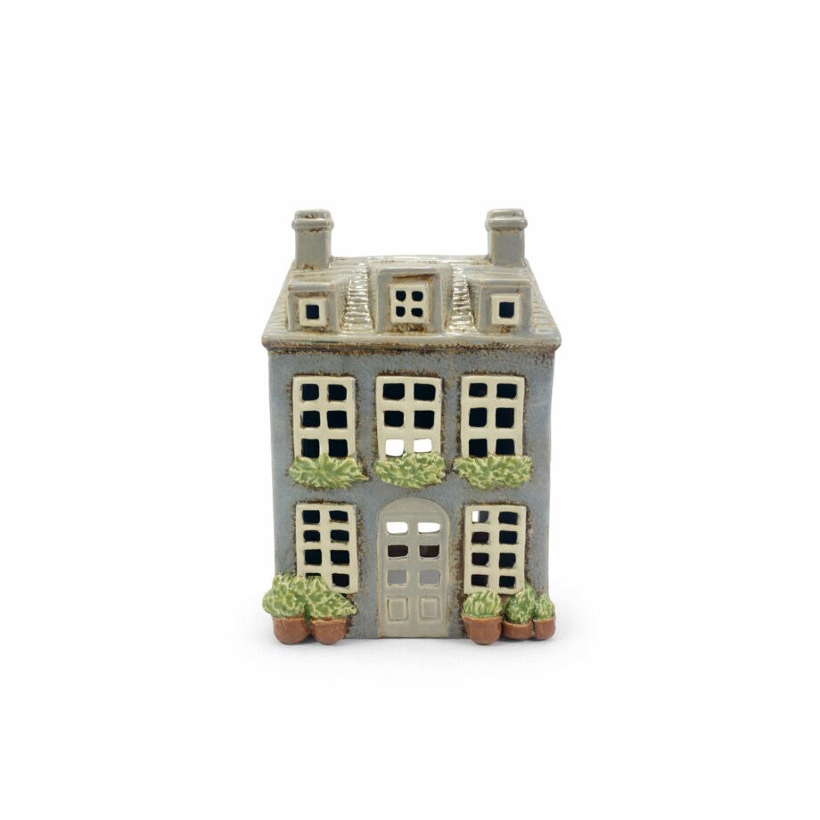 Ceramiczny domek na tea-lighty 19x14x9,5 cm SONAM szary, dwa kominy i 3 lukarny