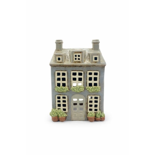 Ceramiczny domek na tea-lighty 19x14x9,5 cm SONAM szary, dwa kominy i 3 lukarny