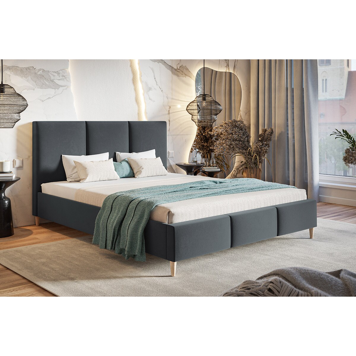 Łóżko tapicerowane 160x200 LUXO 7 na wysokich nogach - grafitowe