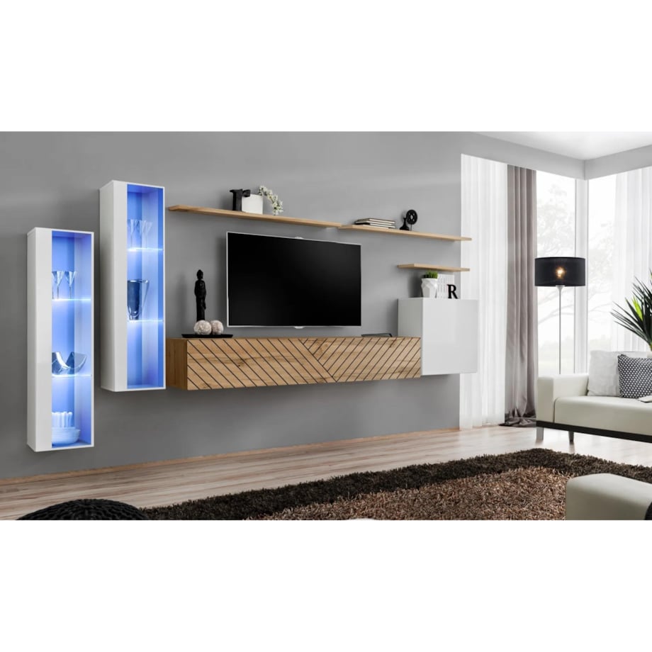 Meblościanka SWITCH LAMEL XI biała/dąb wotan