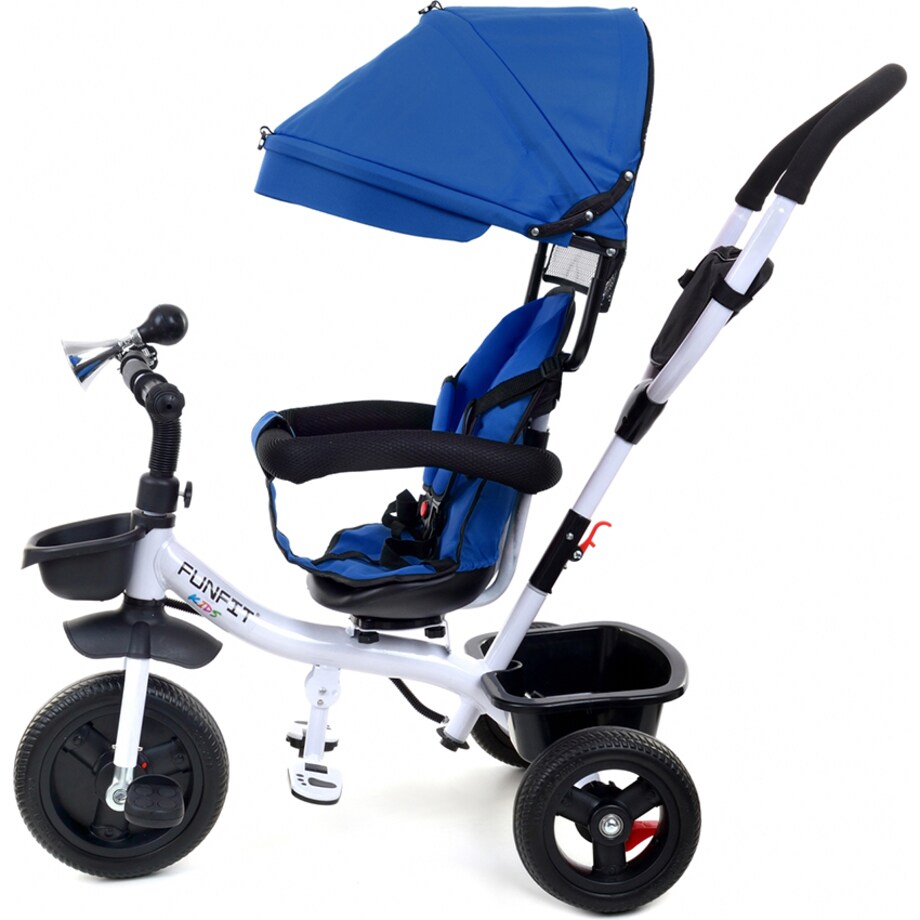 Rowerek trójkołowy spacerowy dla dzieci Funfit Kids niebieski z trąbką