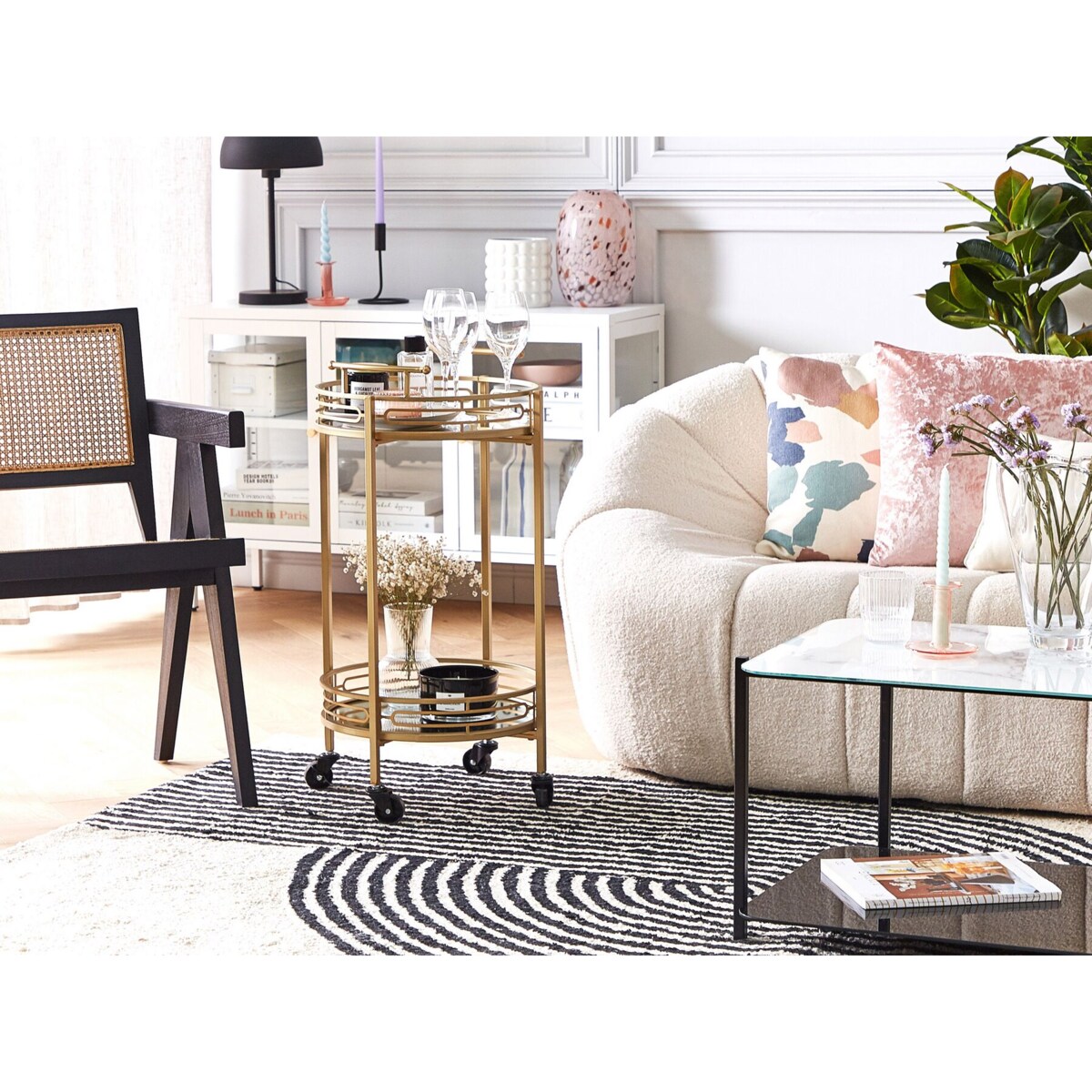 Metalowy wózek kuchenny 2-poziomowy z lustrzanym blatem złoty FARLEY