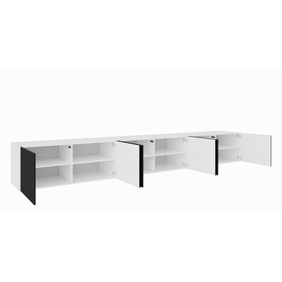 Szafka RTV NOELI 300 cm zamknięta do salonu, ryflowana- biały+czarny