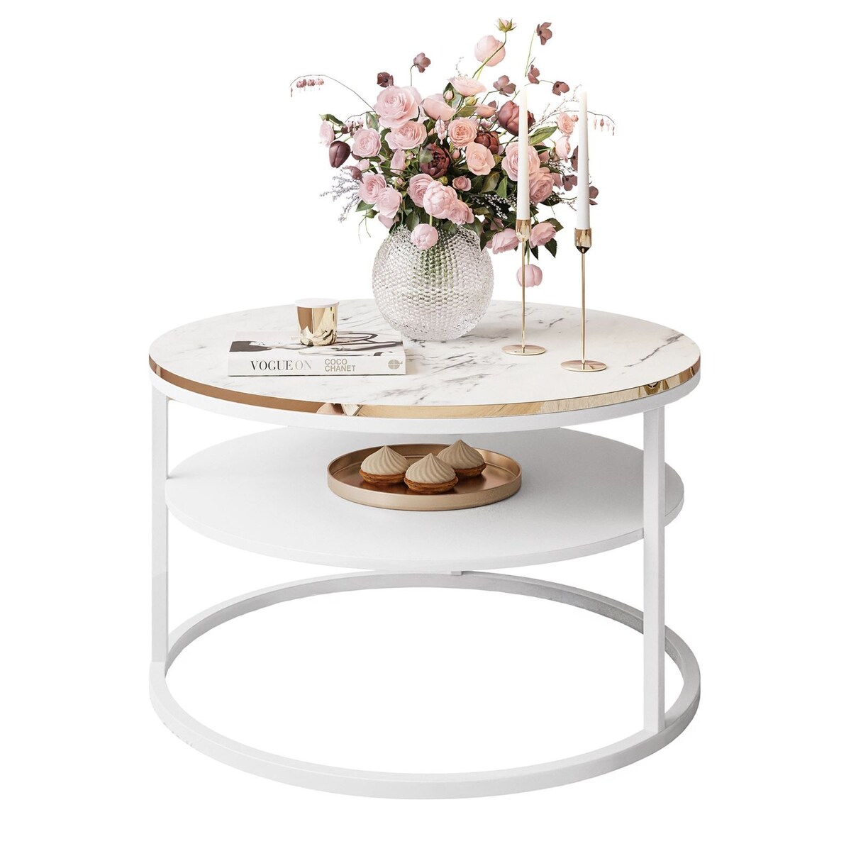 Okrągły stolik kawowy COREIL z półką biały marmur carrara