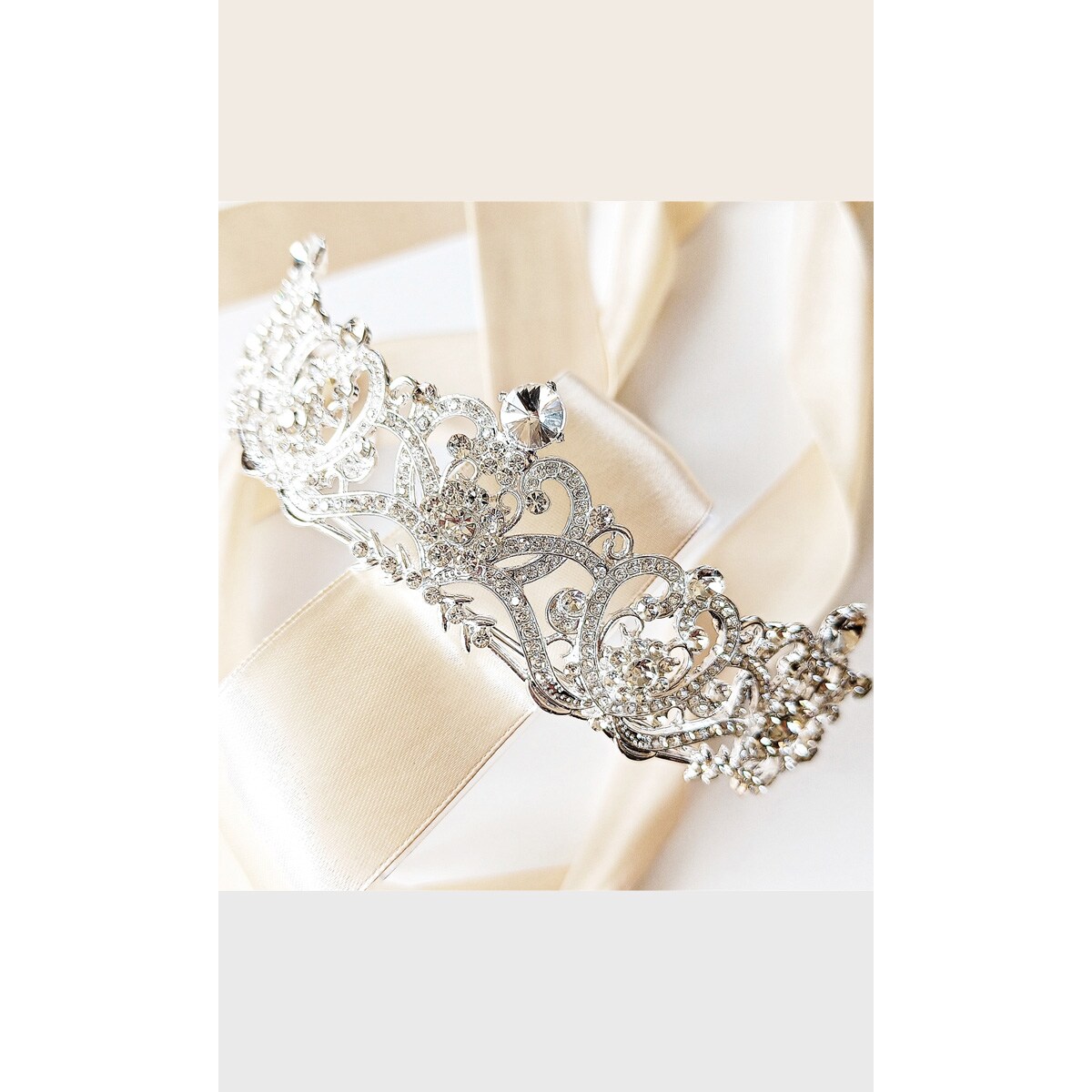 SREBRNA tiara ażurowa cyrkonie zawijasy ELEGANCKA błysk połysk ozdoba ślub