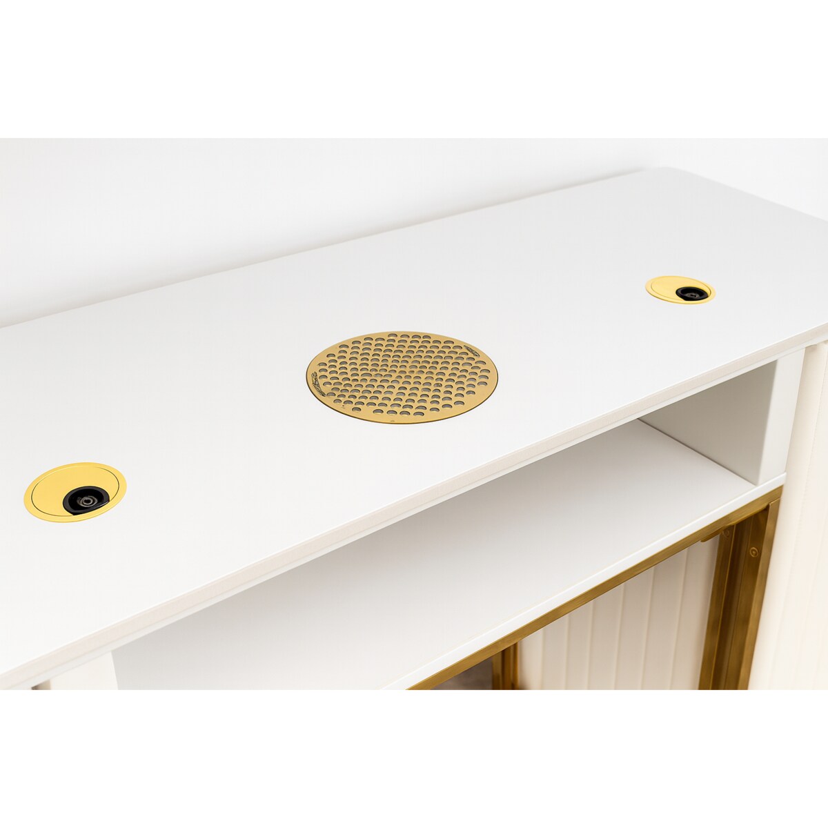 Biurko kosmetyczne z otworem na pochłaniacz biało-złote 130x45x78