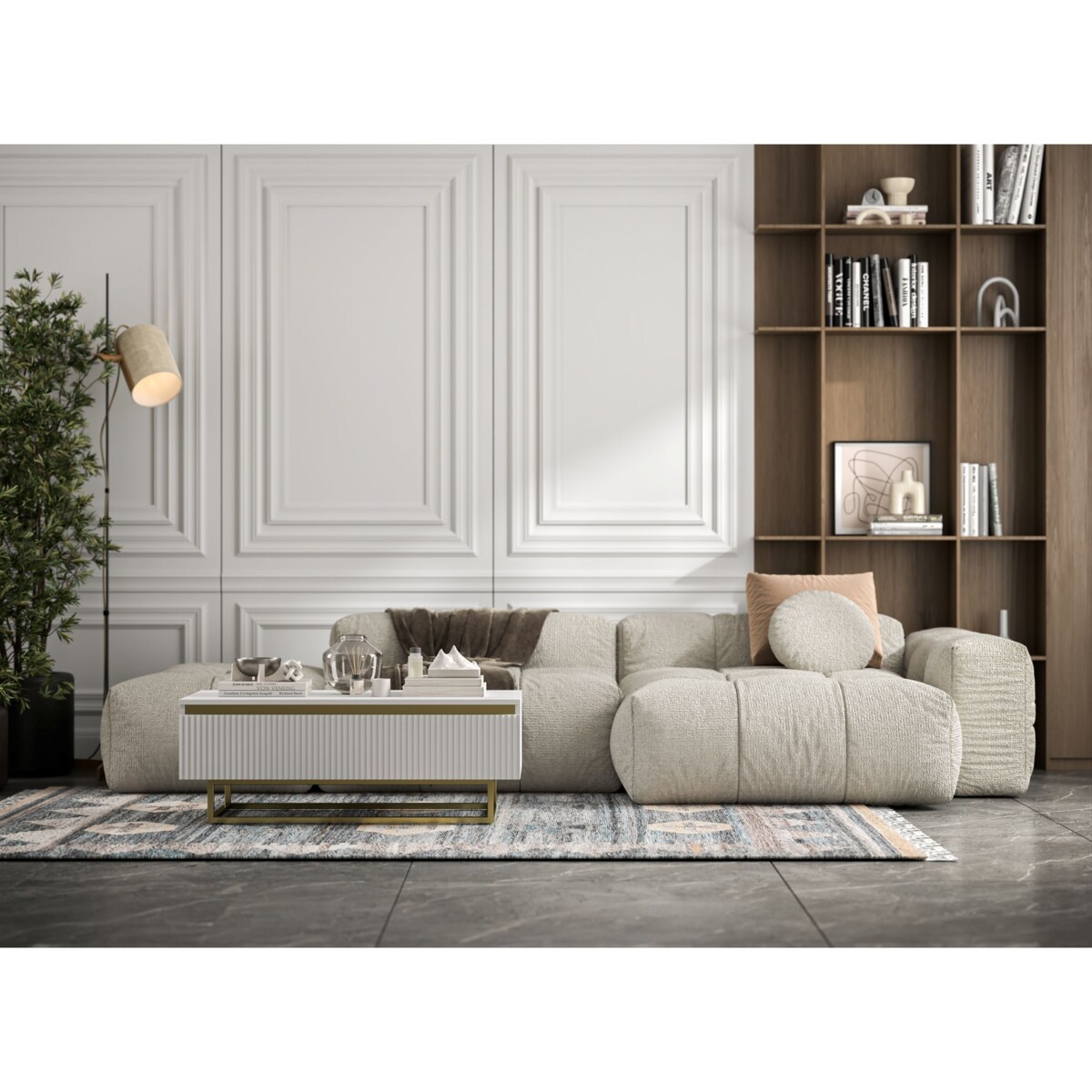 Stolik kawowy Glamour prostokątny elegancka ława Biały Mat Stelaż w złotym kolorze 109 cm