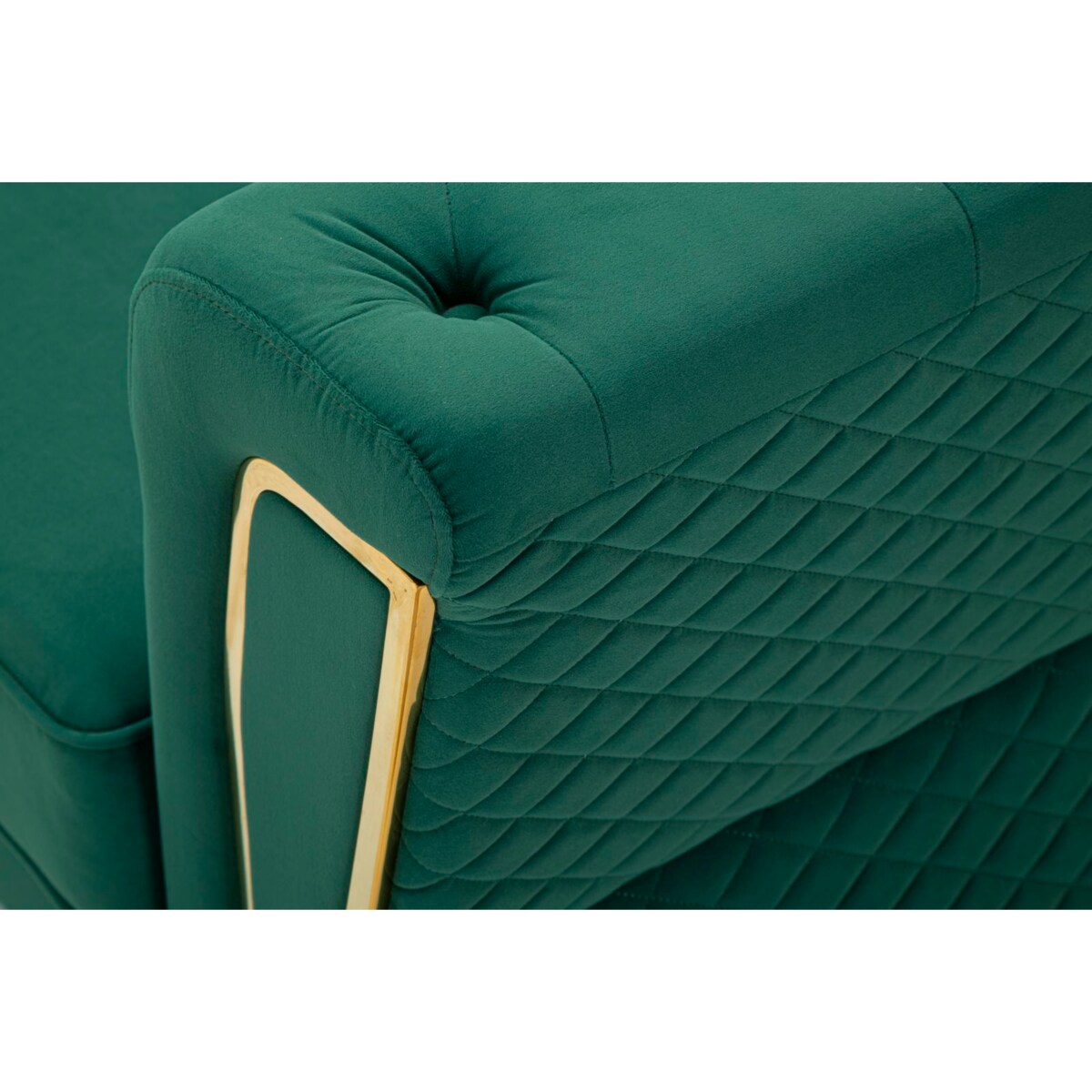 Sofa Emy, kolor zielony i złoty, poliester, drewno eukaliptusowe, drewno sosnowe, sklejka i metal, 162 x 83 x 76 cm, do salonu, Mauro Ferretti