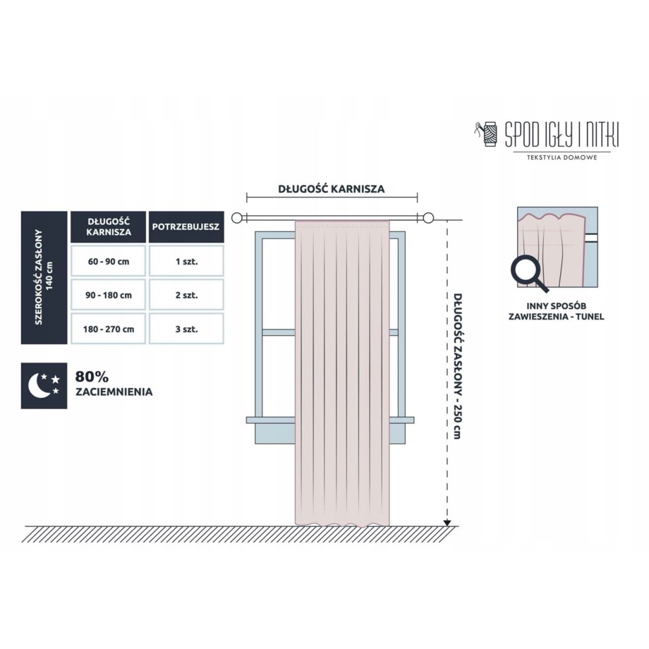 Pudrowa zasłona zaciemniająca na taśmie blackout 140x270 hold