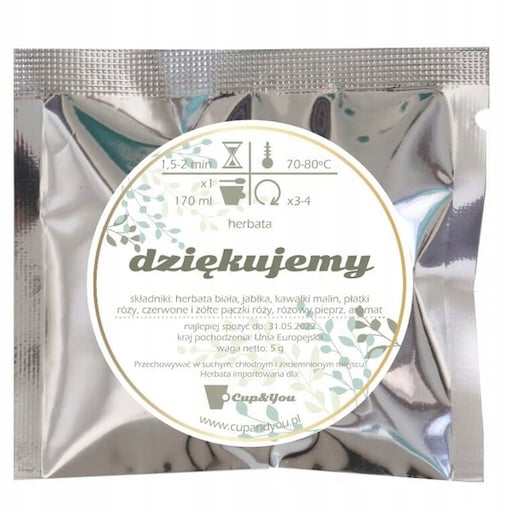 Podziękowanie dla gości na ŚLUB WESELE KOMUNIĘ CHRZEST zestaw 50 sztuk saszetek z herbatą białą różaną po 5g - herbata sypana liściasta PREMIUM