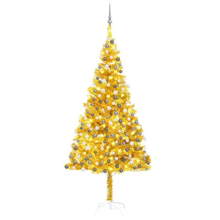 vidaXL Sztuczna choinka z lampkami i bombkami, złota, 240 cm, PET