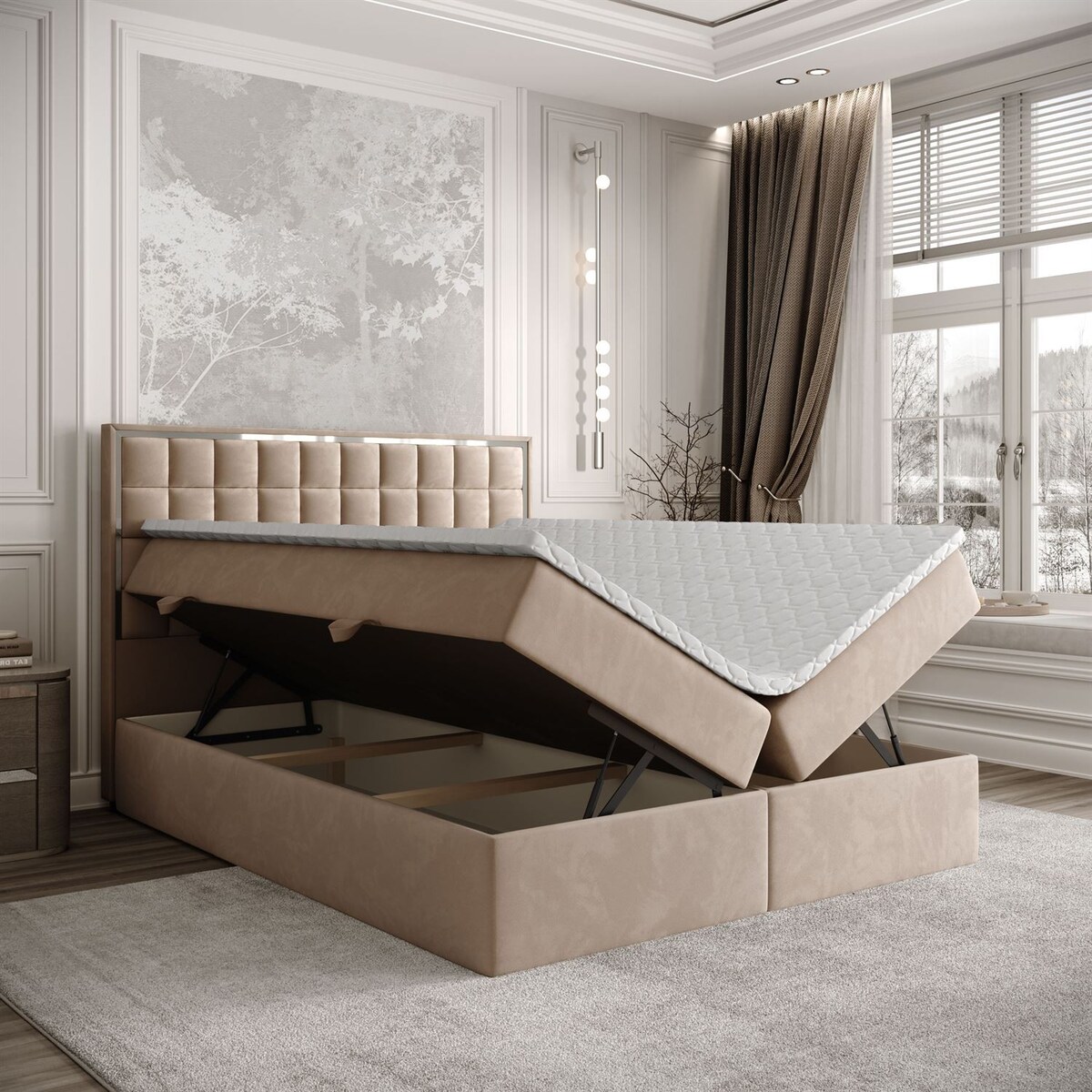 Łóżko kontynentalne ISADORA SILVER, pojemnik na pościel, 180x200, RV 170, topper