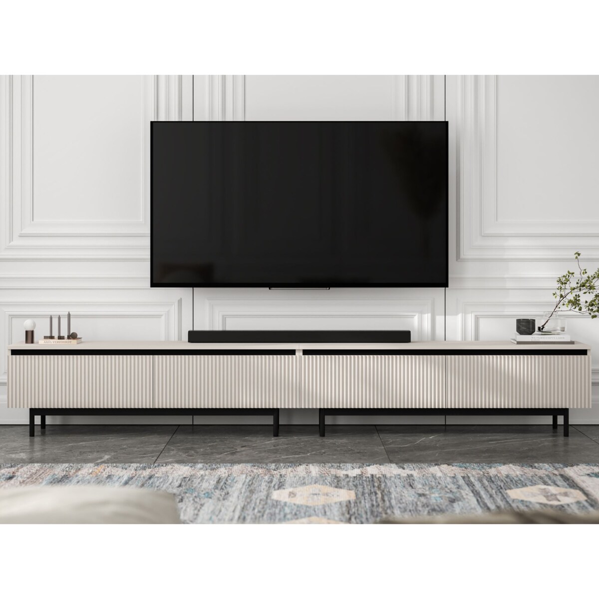 Nowoczesna Szafka RTV Glamour Komoda RTV Kaszmir Mat 280 cm czarne akcenty