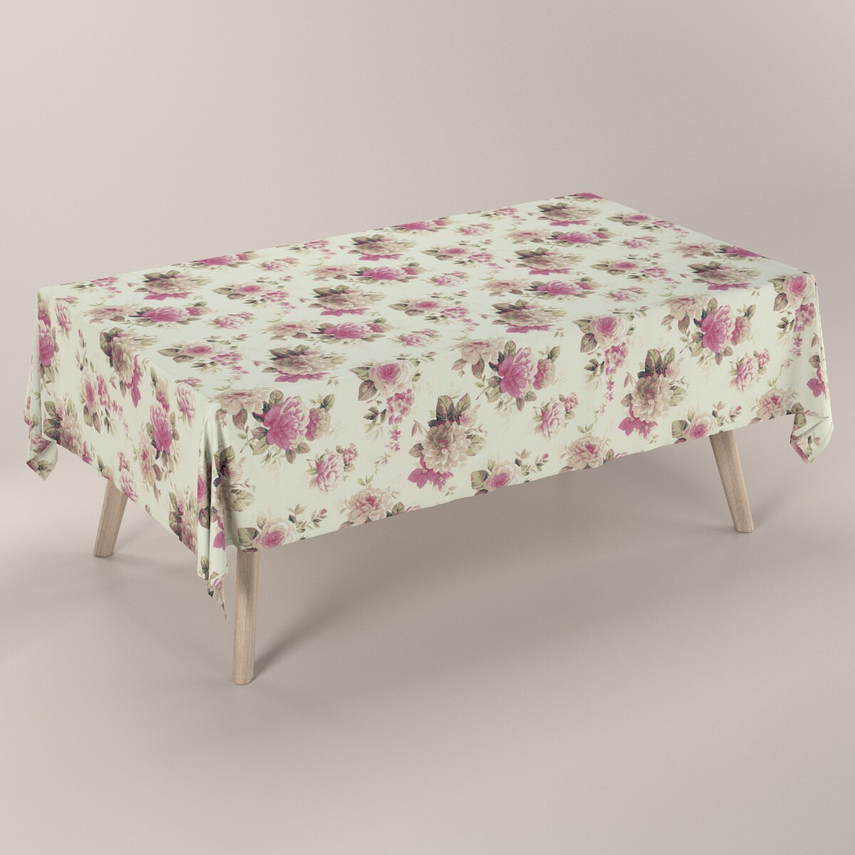 Obrus prostokątny 130 x 210 cm różowo-beżowe róże na kremowym tle