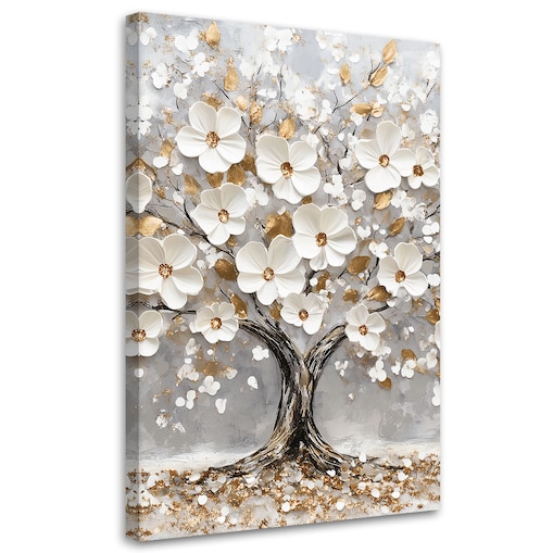 Obraz Drzewo Życia Białe Kwiaty Liście Zloty 70x100