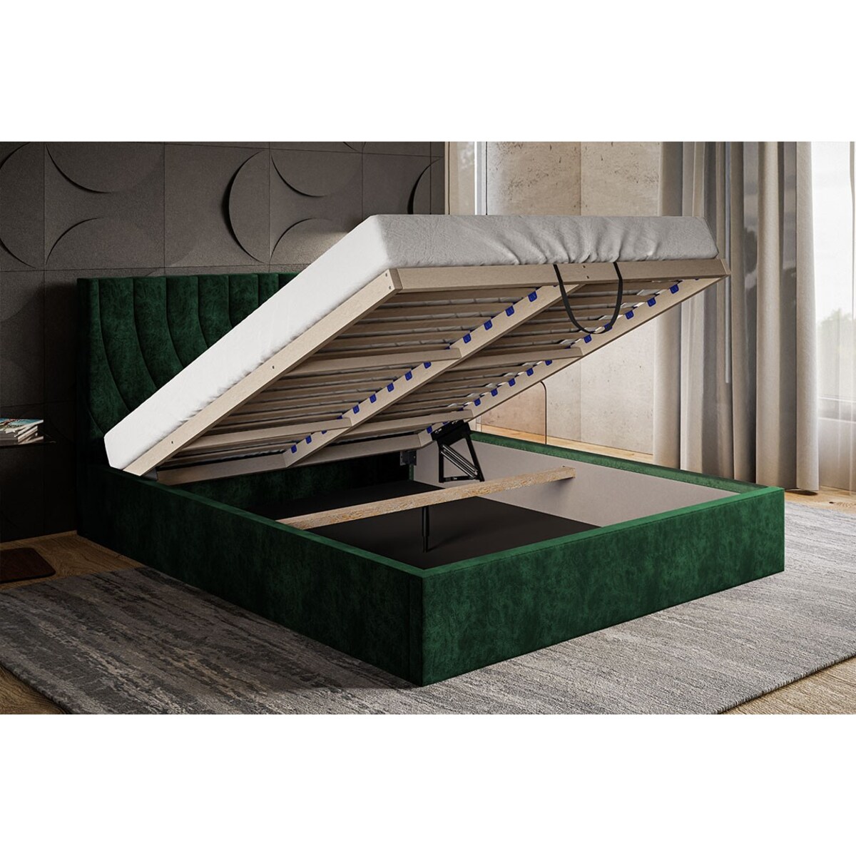 Łóżko tapicerowane 140x200 OLDO 6 z pojemnikiem - butelkowa zieleń