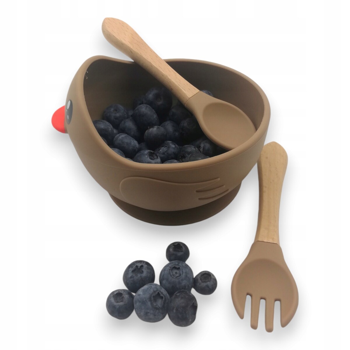 Miseczka z przyssawką silikonowa dla dziecka na przekąski łyżka widelec BLW