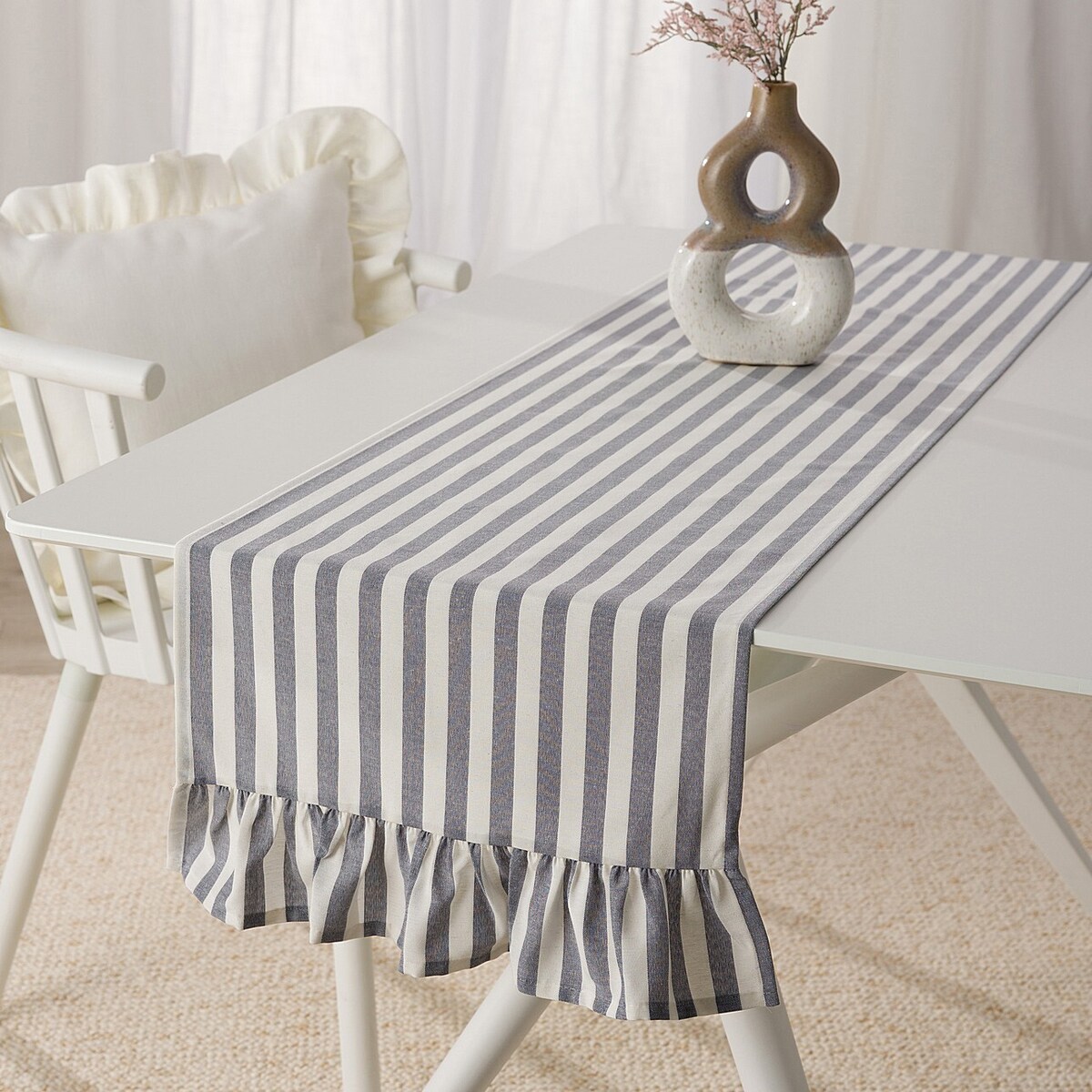 Bieżnik z falbaną 40x160 cm 40x160 granatowo-białe pasy (1,5cm)