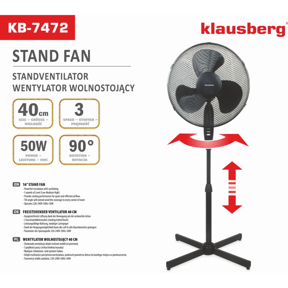 Wentylator stojący podłogowy wiatrak czarny 40cm 50W KLAUSBERG
