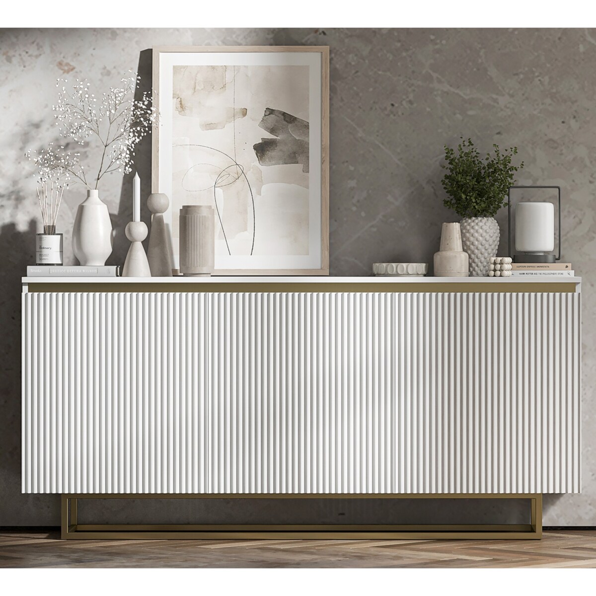 Komoda Glamour Szafka RTV Biały MAT ryflowane fronty złote akcenty 166,8 cm