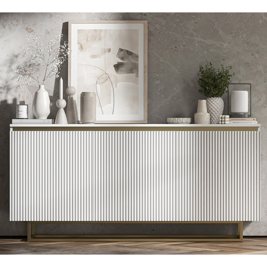Komoda Glamour Szafka RTV Biały MAT ryflowane fronty złote akcenty 166,8 cm