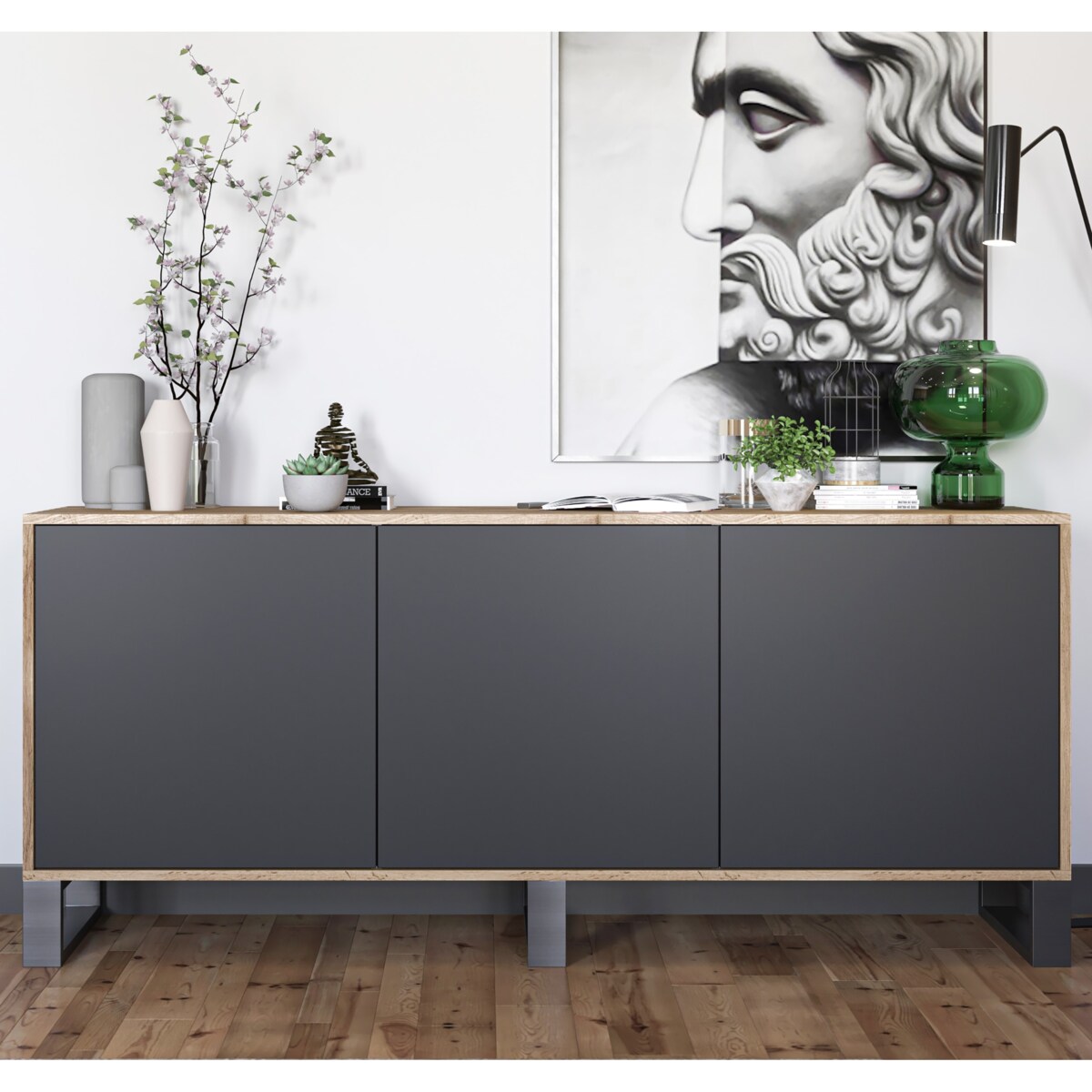 Komoda Loft Szafka RTV Industrialna Dąb Wotan Czarny MAT 168 cm