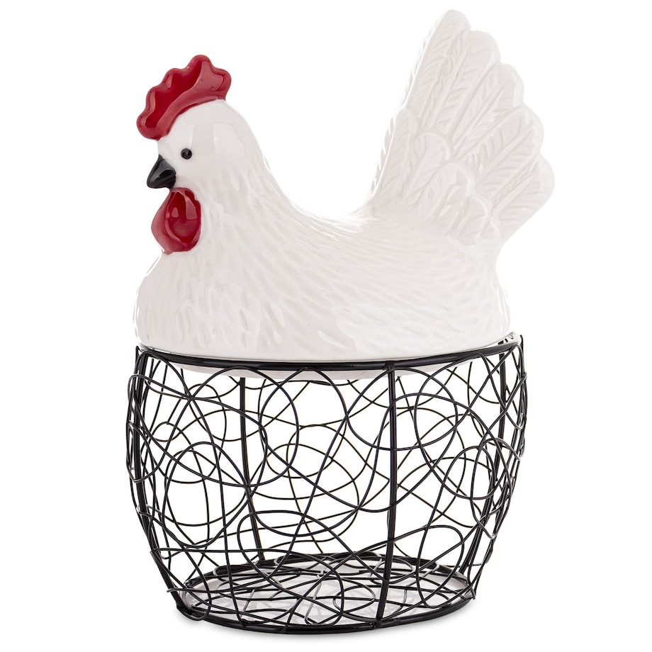 Dekoracja - druciany KOSZYK i biała kura 20,5x12,5x14 cm