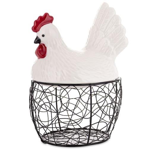 Dekoracja - druciany KOSZYK i biała kura 20,5x12,5x14 cm