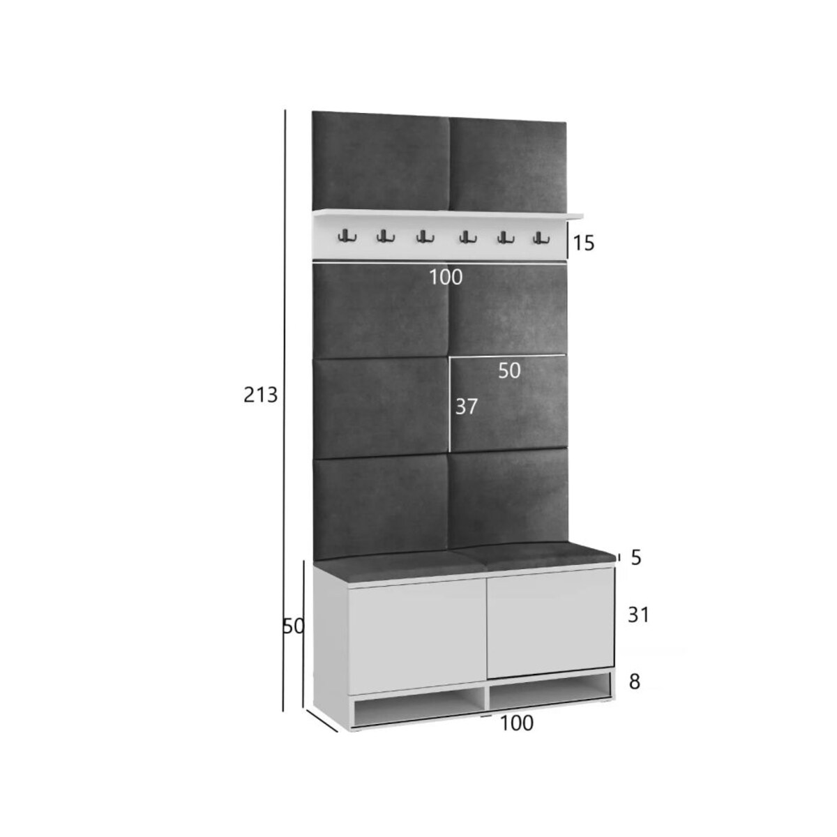 Szafka na buty z siedziskiem i wieszakiem DUBAI biała/szara