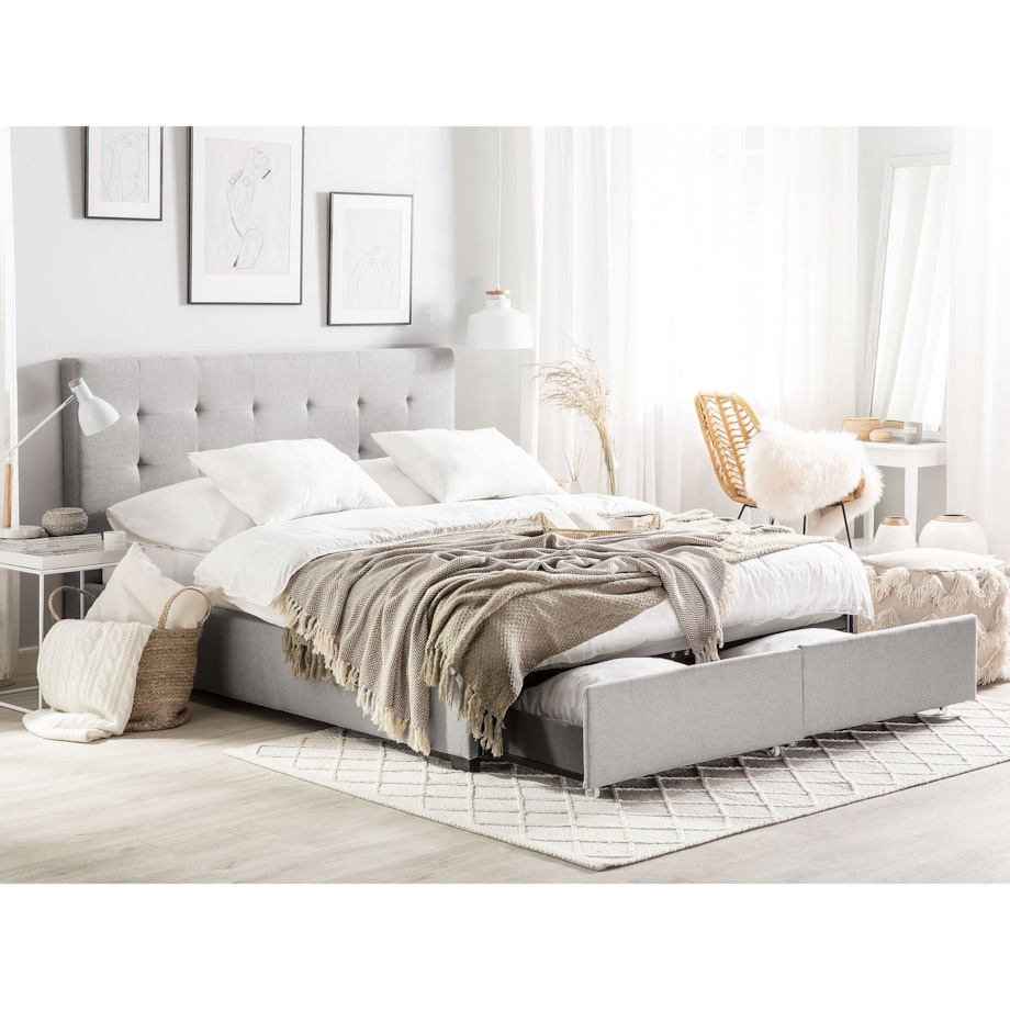 Łóżko z szufladami tapicerowane 180 x 200 cm jasnoszare LA ROCHELLE