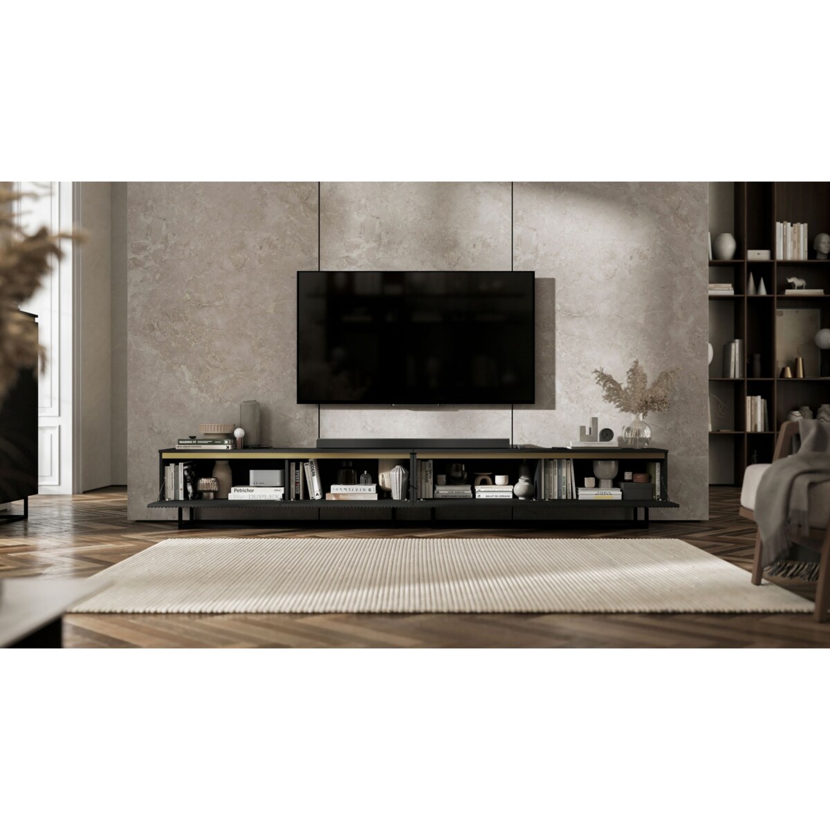 Nowoczesna Szafka RTV Glamour Komoda RTV Czarny Mat 280 cm czarny stelaż