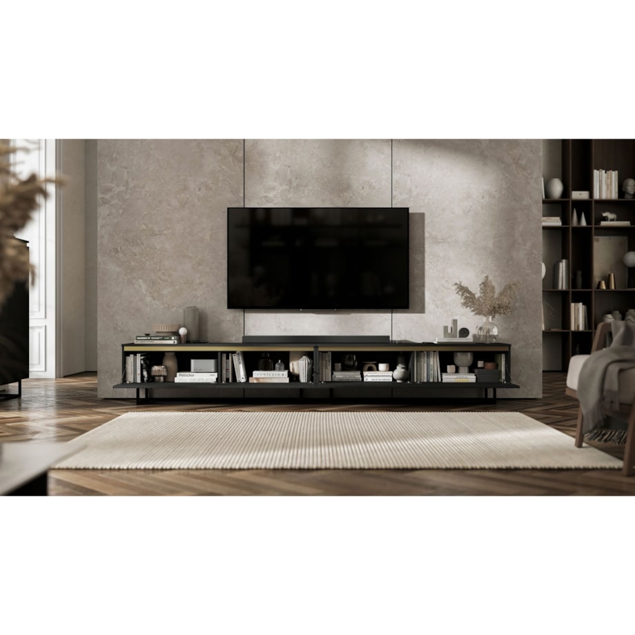 Nowoczesna Szafka RTV Glamour Komoda RTV Czarny Mat 280 cm czarny stelaż