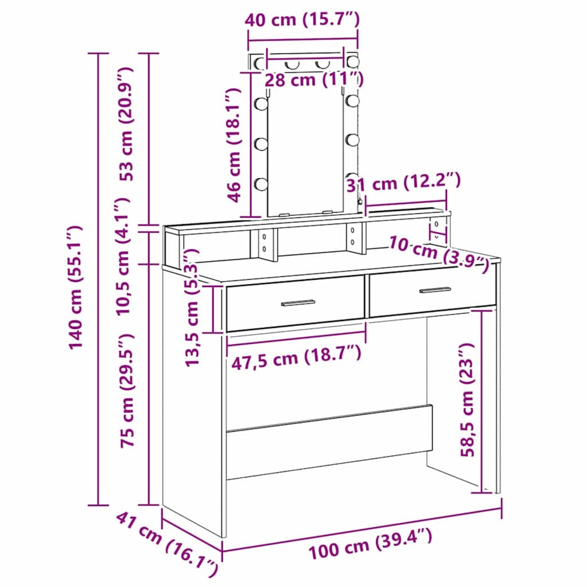 vidaXL Toaletka Biały 100 x 41 x 140 cm Materiał drewnopochodny