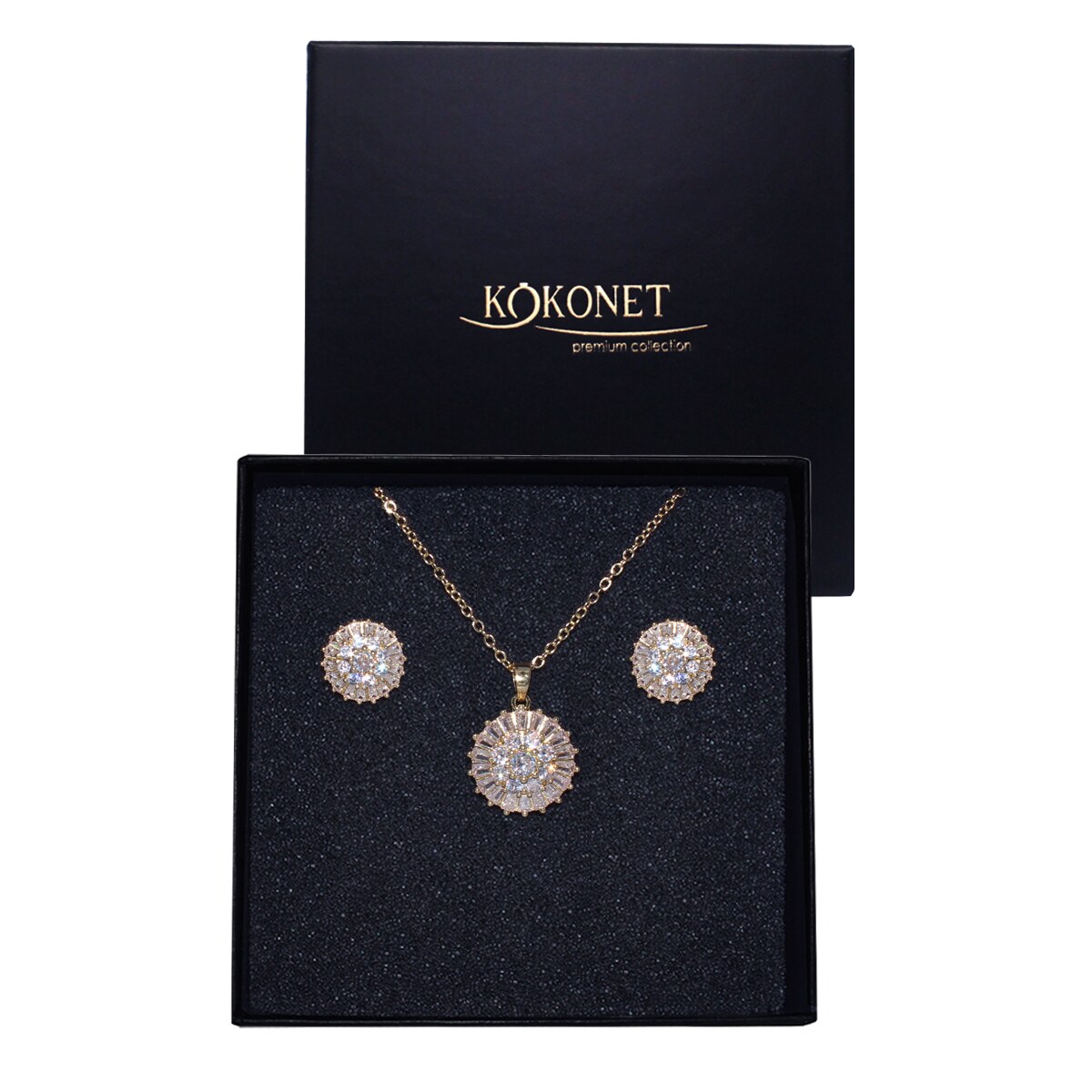 KOMPLET kolczyki naszyjnik okrągłe koła wysadzane cyrkoniami złote GLAM
