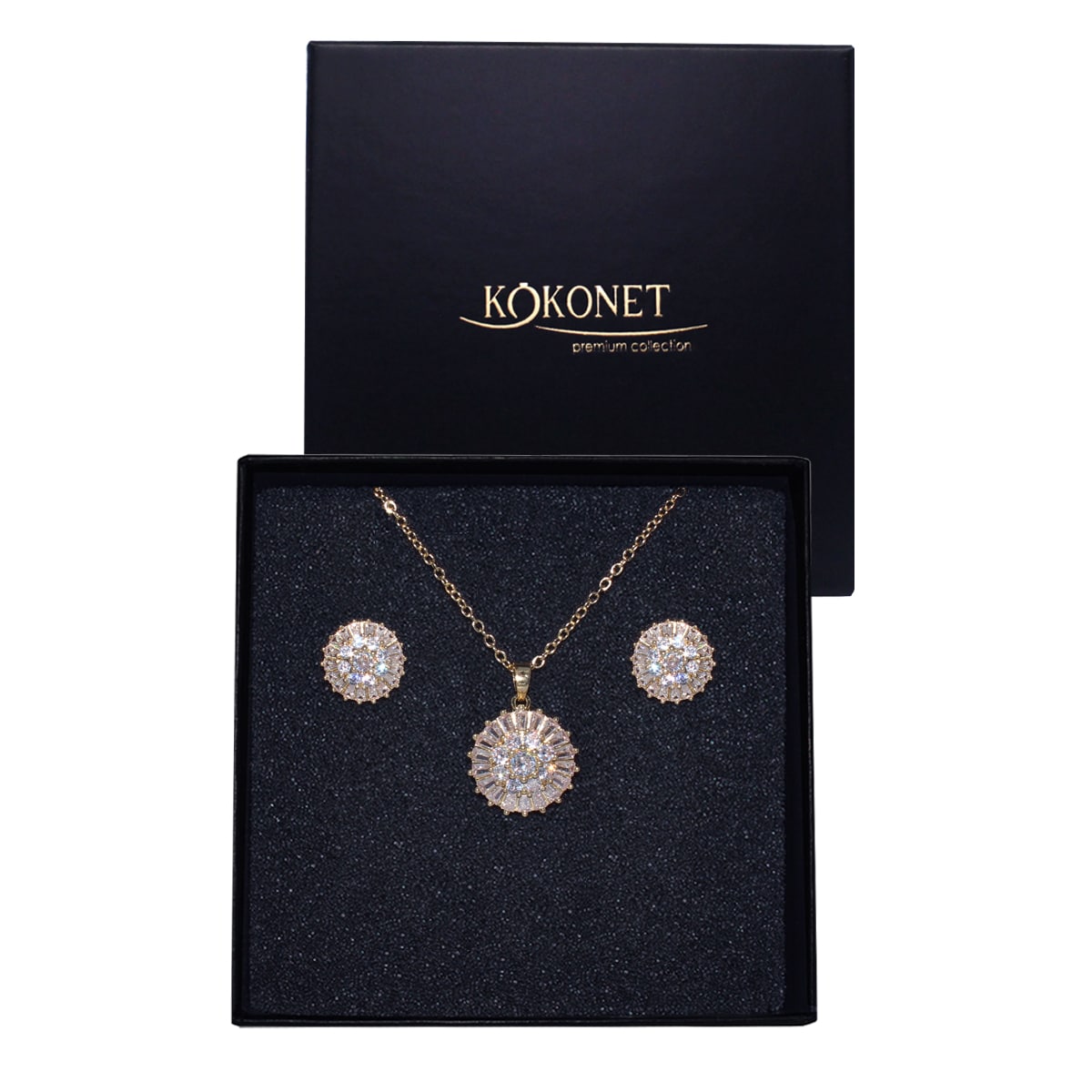 KOMPLET kolczyki naszyjnik okrągłe koła wysadzane cyrkoniami złote GLAM