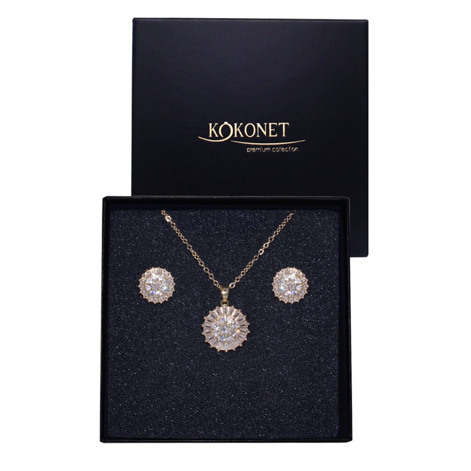 KOMPLET kolczyki naszyjnik okrągłe koła wysadzane cyrkoniami złote GLAM