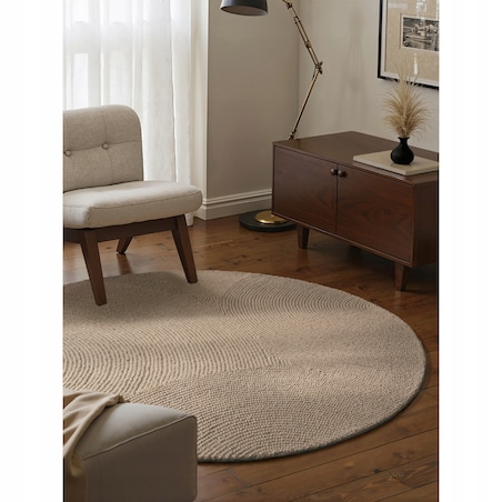 Dywan okrągły wełniany do salonu 120cm, beżowy wzór w półkola, efekt 3d