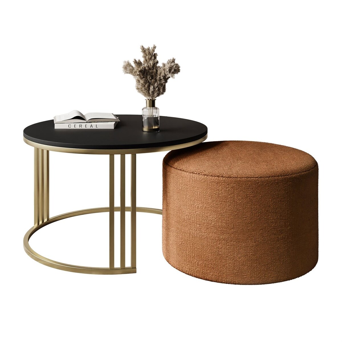 Stolik kawowy z pufą LORI MAT złoto szczotkowane, czarny mat / Perfect Harmony 52