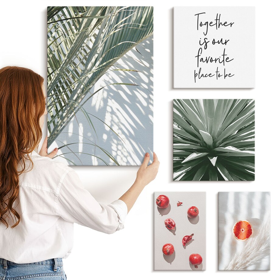 Zestaw 5 obrazów na płótnie - Styl boho rośliny owoce tropiki - zielony