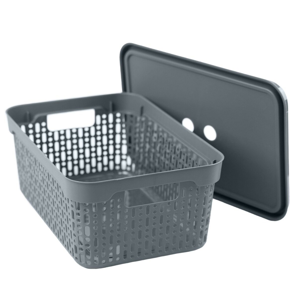 Koszyk Koszyczek Ażurowy L Plastikowy Na Kosmetyki Do Łazienki Pojemnik Z Pokrywką Zamykany Z Dziurkami Szary