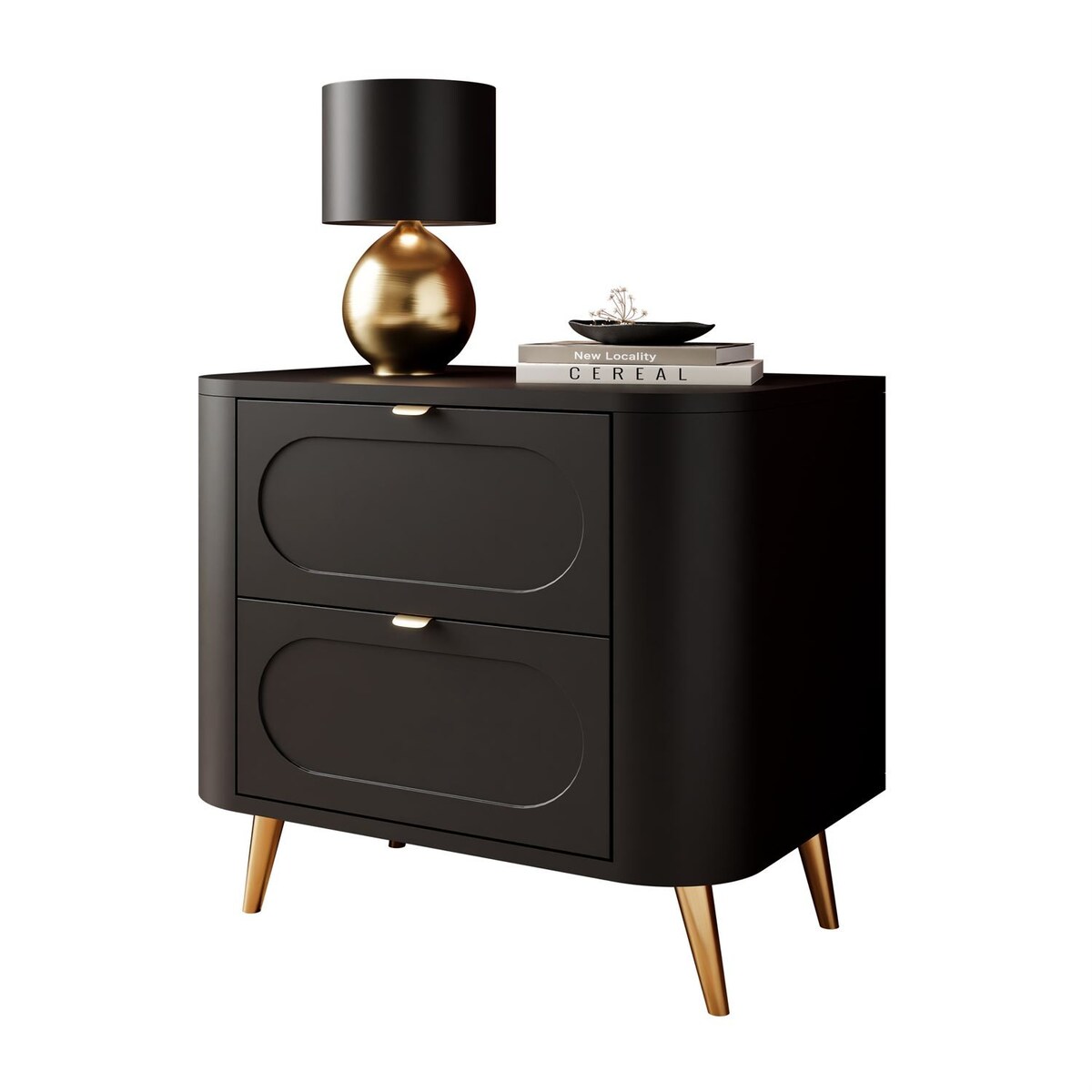 Szafka nocna SHADOW II 2S - czarna MDF, 2 szuflady, złote uchwyty