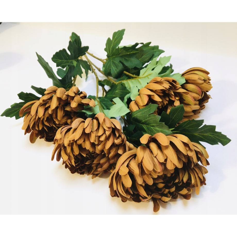 BUKIET DUŻY chryzantemy brązowe sztuczne LIŚCIE do flakonu na cmentarz grób