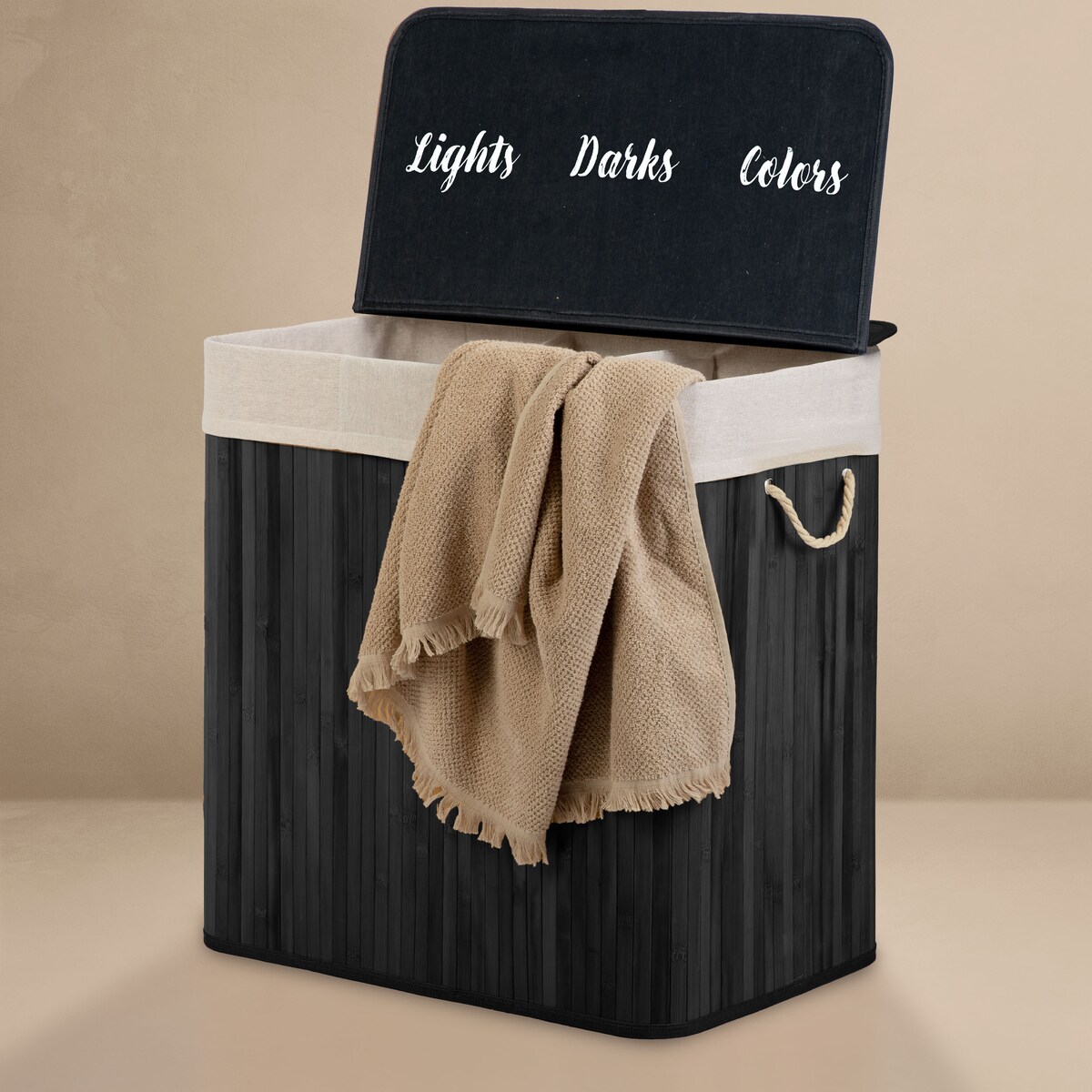 Massido, bambusowy kosz na pranie z pokrywą 150l, czarny trzykomorowy 61x62x42 cm