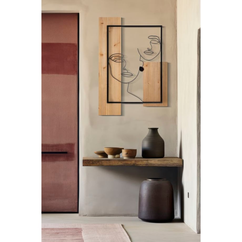 Dekoracja ścienna Faces, kolor czarny i brązowy, żelazo i płyta MDF, 63 x 90 cm, motyw: twarz, do salonu i przedpokoju, Mauro Ferretti