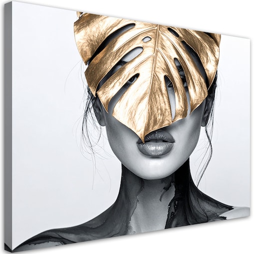 Obraz nowoczesny do salonu sypialni, Portret kobieta i złoty liść monstery 100x70