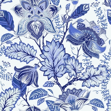 Tapeta niebieskie kwiaty LIŚCIE w stylu folklor