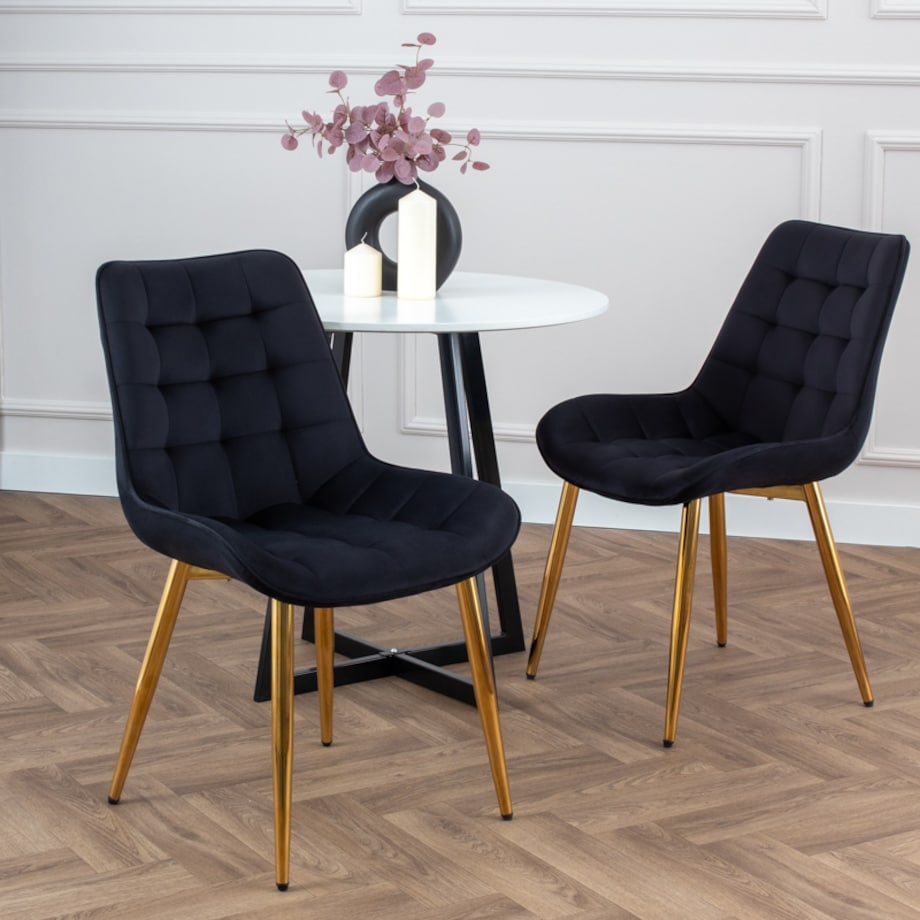 Krzesło tapicerowane czarne welurowe pikowane glamour złote nogi
